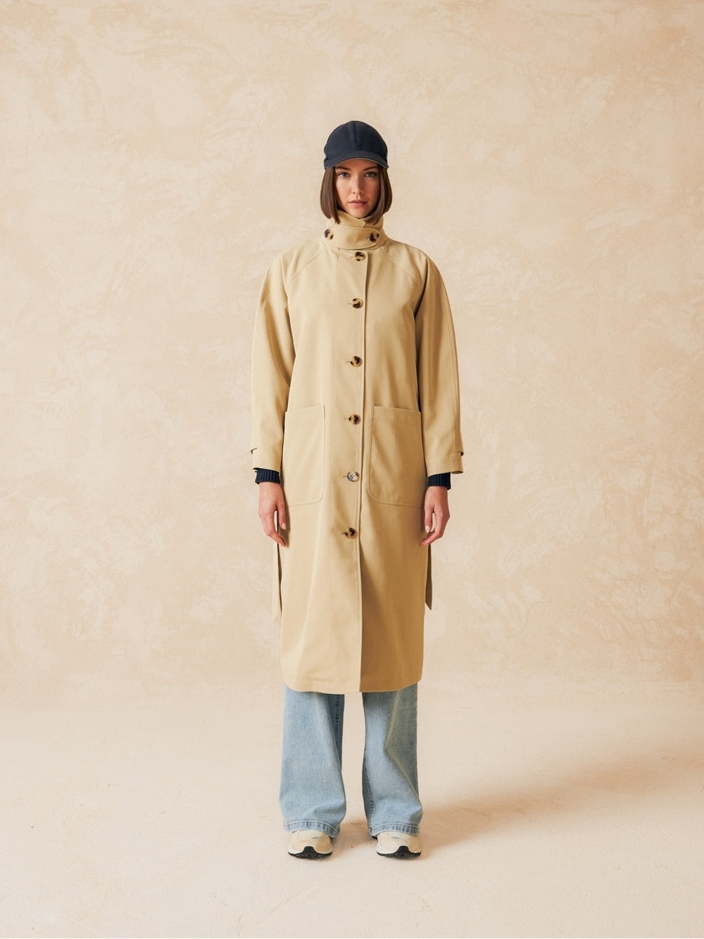 NWT Indi & Cold 3/4 Trench Coat Beige Tan High Collar Belted Size Small